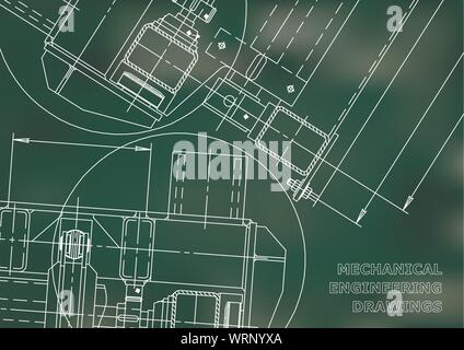 Mechanical Engineering drawing. Blueprints. Mechanics. Cover. Engineering design. Green Stock Vector