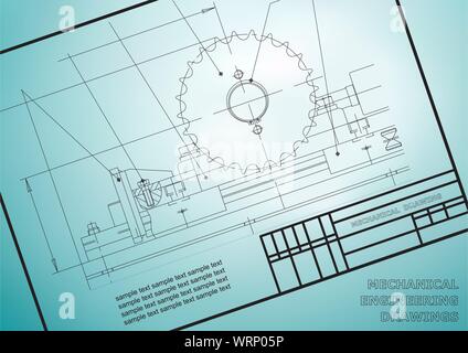 Mechanical drawings on a  light blue background. Engineering illustration. Frame Stock Vector