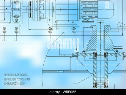 Engineering backgrounds. Mechanical engineering drawings. Technical Design. Blueprints. Blue Stock Vector