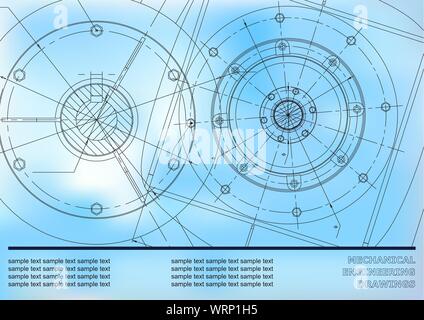 Vector Mechanical engineering drawings on a blue background. Background for inscription Stock Vector