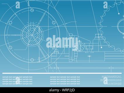 Vector drawing. Mechanical drawings on a blue and white background. Engineering Stock Vector