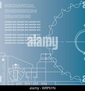 Mechanical engineering drawings on a blue background. Vector Stock Vector