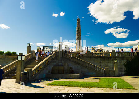 Oslo - July 24: People visit The Monolith at the Vigeland Sculpture Arrangement in Frogner Park on July 24, 2010 in Oslo, Norway Stock Photo