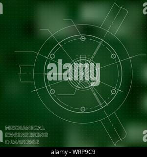 Mechanical engineering drawings. Vector green background. Grid points ...