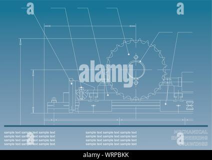 Mechanical drawings on a blue background. Engineering illustration Stock Vector