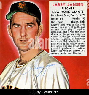 1950s era autographed baseball card depicting Larry Jansen a pitcher with the New York Giants. Stock Photo