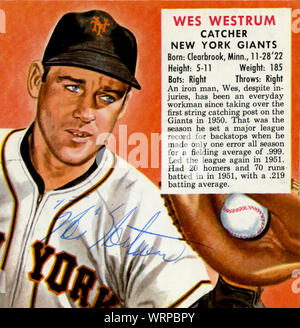 1950s era autographed baseball card depicting Wes Westrum a catcher with the New York Giants. Stock Photo