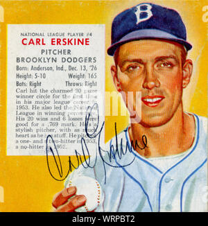 1950s era autographed baseball card depicting star pitcher Carl Erskine with the Brooklyn Dodgers. Stock Photo