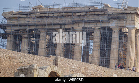 A general view of the ancient Greek Parthenon temple, atop the Acropolis hill in Central Athens. Stock Photo