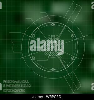 Mechanical engineering drawings. Vector green background. Grid points ...