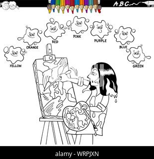 Black and White Cartoon Illustration of Basic Colors Educational Worksheet with Artist Painter Character Coloring Book Stock Vector