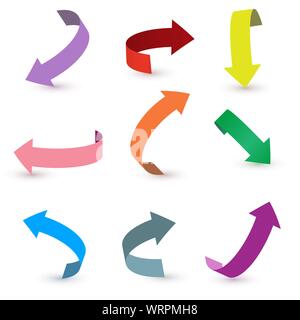 Colorful ribbon arrow set. Arrow stickerst various angles and directions. 3d vector icon set. Stock Vector