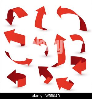 Red ribbon arrow set. Arrow stickerst various angles and directions. Stock Vector