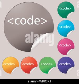 Code sign icon. Programming language symbol. Set of eight multi colored round buttons, stickers. Vector Stock Vector