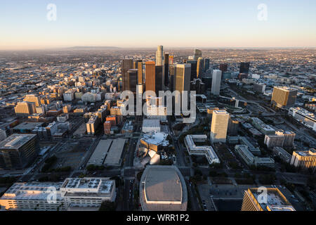 Urban downtown skyline sunrise aerial view of Los Angeles, California. Stock Photo
