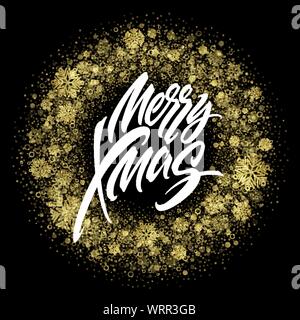 Merry Christmas lettering in glitter frame. Xmas confetti, golden dust and snowflakes round frame. Merry Christmas greeting isolated on black backgrou Stock Vector