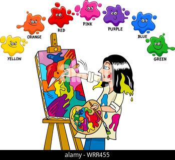 Cartoon Illustration of Basic Colors Educational Worksheet with Artist Painter Character Stock Vector