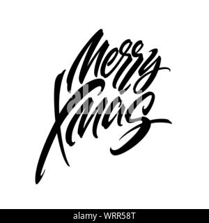 Merry Christmas hand drawn calligraphy. Xmas ink lettering. Black calligraphy on white background. Merry Christmas lettering. Banner, poster,postcard Stock Vector