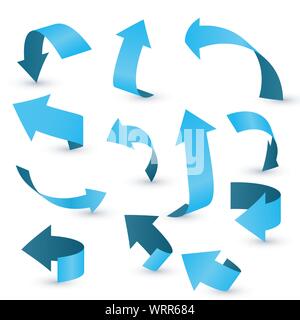 Blue ribbon arrow set. Arrow stickerst various angles and directions. Stock Vector