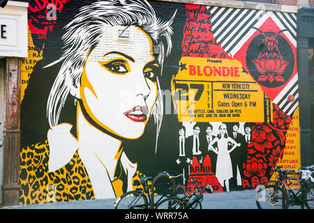 June 12th, 2018: Blondie mural painted by artist Shepard Fairey located on Bleecker Street, in the Bowery neighbourhood of Manhattan, New York City. Stock Photo
