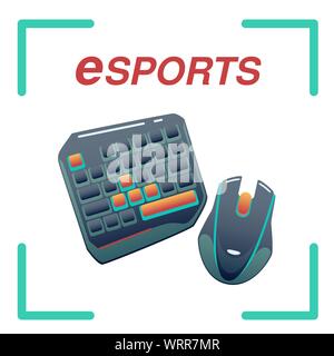 e-sport logo with red letters in a green frame with a computer mouse and keyboard, vector flat icon in casual style on white background. Stock Vector