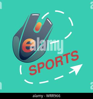 e-sport logo with red letters on a green background with a computer mouse and cursor, vector flat icon in casual style Stock Vector