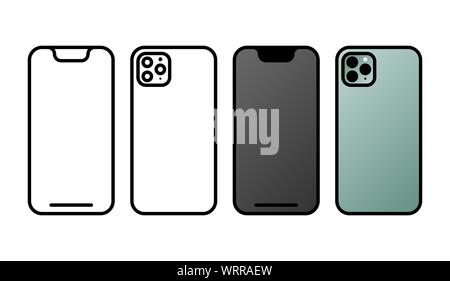 Set of line style icon new 2019 modern mobile phones isolated on white background. Vector illustration. Stock Vector