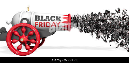 Old white and red cannon with the words BLACK FRIDAY firing a jet of discount paper coupons from 10 to 80 percent in black on a white background Stock Photo