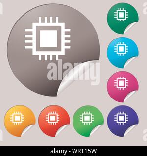 Central Processing Unit Icon. Technology scheme circle symbol. Set of eight multi colored round buttons, stickers. Vector Stock Vector