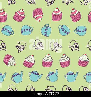 Cute tea party elements geometrically aligned on a light green background . Stock Vector