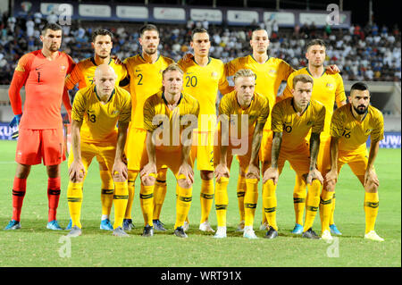 Kuwait City, Kuwait. 10th Sep, 2019. Players of Australia pose before the FIFA World Cup Qatar 2022 and AFC Asian Cup 2023 Preliminary Joint Qualification Second round group B football match between Kuwait and Australia in Kuwait City, Kuwait, on Sept. 10, 2019. Credit: Ghazy Qaffaf/Xinhua Stock Photo