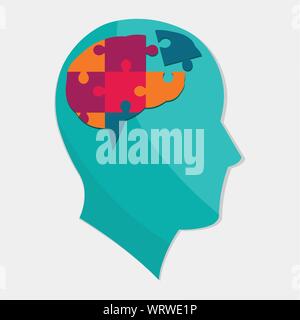 man silhouette with brain puzzle for autism day concept vector illustration Stock Vector
