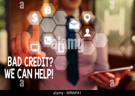 Word writing text Bad Creditquestion We Can Help. Business photo showcasing offerr help to gain positive payment history Stock Photo