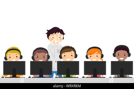 Illustration of Stickman Teens Girl and Guy Using Computer with Teacher Behind Stock Photo