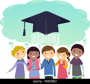 Illustration of Stickman Teens Girl and Guy Thinking of Graduation Stock Photo