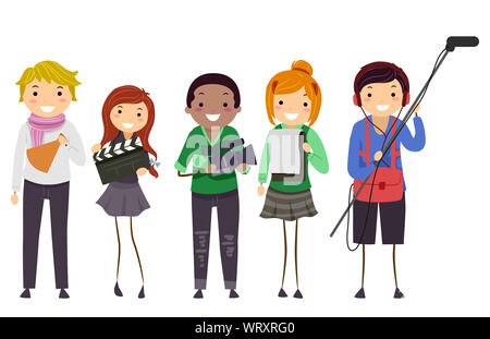 Illustration of Stickman Teens Girl and Guy In a Movie or Show Production Team, Holding Microphone, Clapper, Video Camera, Script and Megaphone Stock Photo