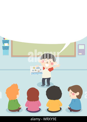 Illustration of Kids Students with a Kid Boy Telling a Story From His Doodle with Blank Speech Bubble Stock Photo