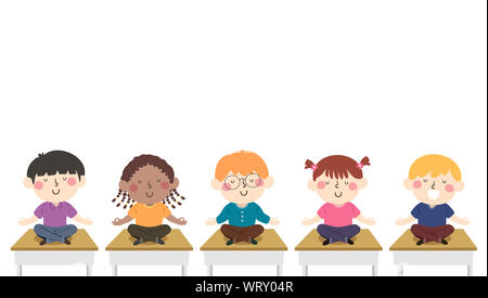 Illustration of Kids Sitting Down on Top of their Desks In Class for Meditation Stock Photo