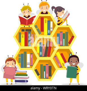 Illustration of Stickman Kids Wearing Bee Costume, Holding and Reading Books in a Bee Hive Shaped Library Stock Photo