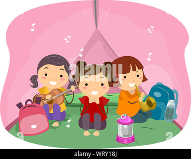 Illustration of Stickman Kids Girls Inside a Music Camp Tent, Playing with Guitar and Saxophone Stock Photo