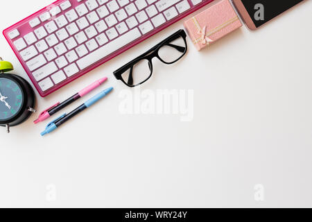Office materials isolated on white paper background, Modern office life concept. Stock Photo