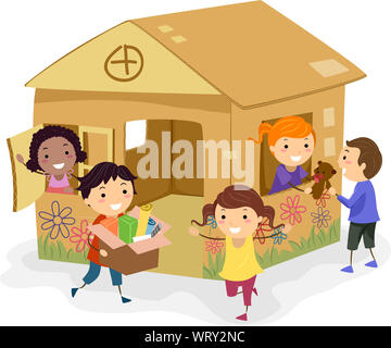 Illustration of Stickman Kids Playing Inside a Cardboard House Stock Photo