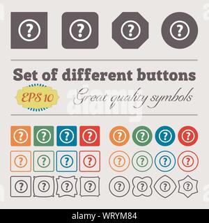 Question mark sign icon. Help speech bubble symbol. FAQ sign. Big set of colorful, diverse, high-quality buttons. Vector Stock Vector