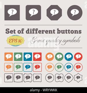 Question mark sign icon. Help speech bubble symbol. FAQ sign. Big set of colorful, diverse, high-quality buttons. Vector Stock Vector