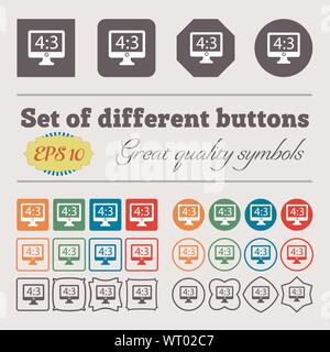 Aspect ratio 4 3 widescreen tv icon sign. Big set of colorful, diverse, high-quality buttons. Vector Stock Vector