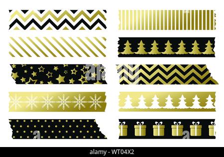 Black and gold Christmas washi tapes. Vector set of adhesive tape template Stock Vector