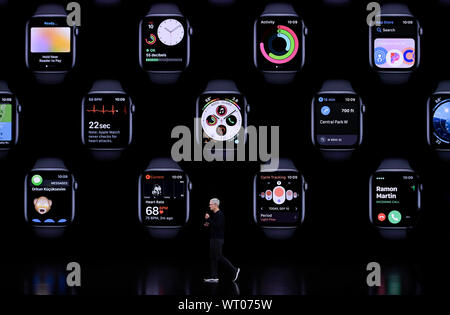 (190911) -- SAN FRANCISCO, Sept. 11, 2019 (Xinhua) -- Apple CEO Tim Cook introduces Apple Watch products during a product launch event at Apple's headquarters in California, the United States, Sept. 10, 2019. Apple Inc. announced a new line of iPhones, including iPhone 11 and Pro, iPads, Apple Watch 5 Series and other products and services at its major fall event in Northern California Tuesday. (Handout via Xinhua) Stock Photo