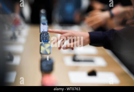 (190911) -- SAN FRANCISCO, Sept. 11, 2019 (Xinhua) -- Photo taken on Sept. 10, 2019 shows Apple Watch products on display during a product launch event at Apple's headquarters in California, the United States. Apple Inc. announced a new line of iPhones, including iPhone 11 and Pro, iPads, Apple Watch 5 Series and other products and services at its major fall event in Northern California Tuesday. (Handout via Xinhua) Stock Photo