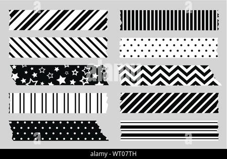 Set Of Black And White Geometric Patterned Washi Tape Strips Stock