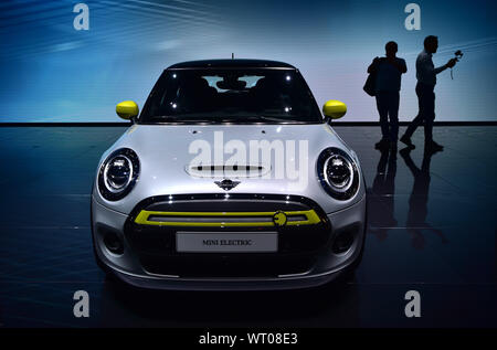 Frankfurt, Germany. 10th Sep, 2019. An all-electric Mini electric car is on display during the first press day of Germany's International Motor Show (IAA) 2019 in Frankfurt, Germany, on Sept. 10, 2019. About 800 exhibitors from 30 countries and regions registered for the IAA 2019, which will officially open on Thursday and lasts until Sept. 22. Credit: Lu Yang/Xinhua/Alamy Live News Stock Photo